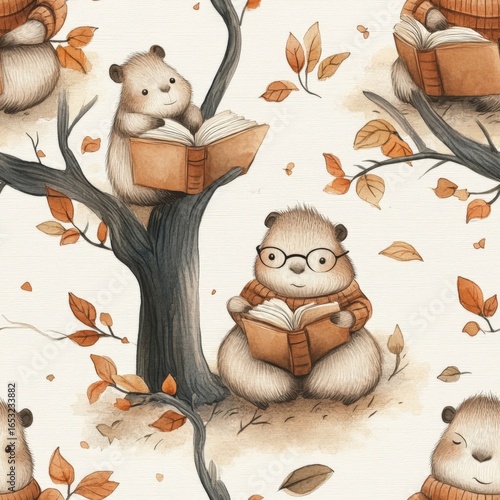 A group of cartoon animals are sitting on a tree branch and reading books