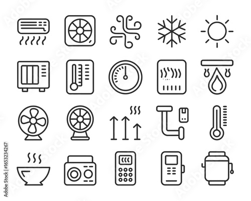 Set of Climate Control and HVAC System Icons Depicting Heating Ventilation Air Conditioning and Temperature Management for Indoor Environments