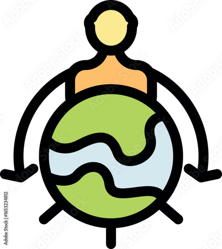 Conceptual illustration of a person controlling the rotation of planet earth, symbolizing global influence and environmental responsibility