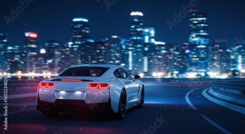 A sleek white sports car driving on a curved road at night, city lights in the background.