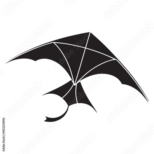 Black kite with curved canopy and tail white. Vector black silhouette. with white background