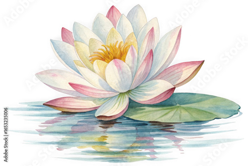 Beautiful watercolor pink and white lotus flower with green leaves reflected in water isolated on transparent background