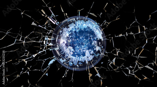 Fractured Reality: Abstract Sphere Breaking Through Glass