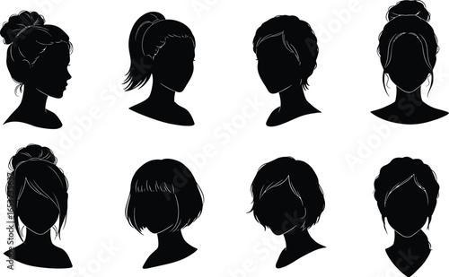 Silhouette of women with different hairstyles vector illustration on transparent background