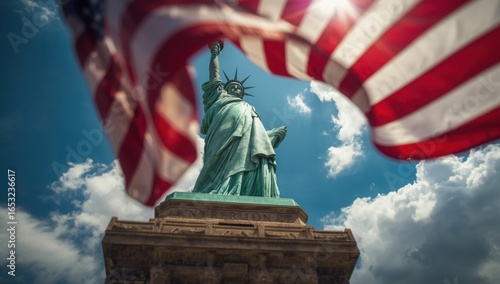 Statue of liberty against a cloudy sky with an american flag waving in the foreground view