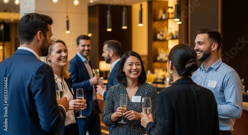Happy multi-ethnic business people networking and socializing at a corporate reception, holding drinks and engaging in conversation.