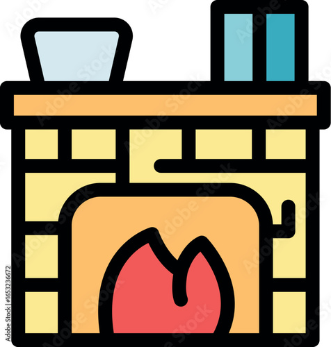 Cozy fireplace providing warmth, featuring burning fire, books, and a bowl, creating a comfortable atmosphere