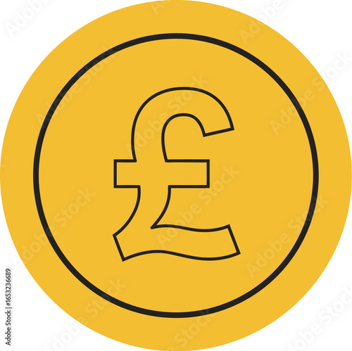 Pound Coin Icon in Gold with Black Outline on Transparent Background