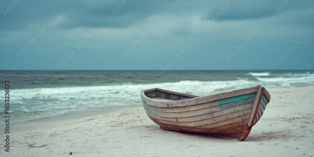 Naklejka premium Old wooden fishing boat resting on sandy beach by the sea under cloudy sky