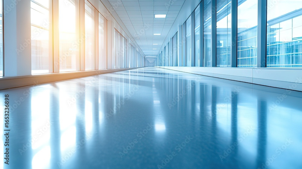 Fototapeta premium Modern Office Corridor with Sunlight Reflection on Glossy Floor