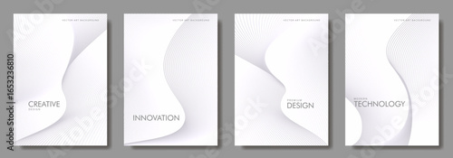Abstract white poster set with wavy lines. Modern vector background cover templates with 3D effects in motion. Artistic design for cover, flyer, menu, banner, social media, music, ads.