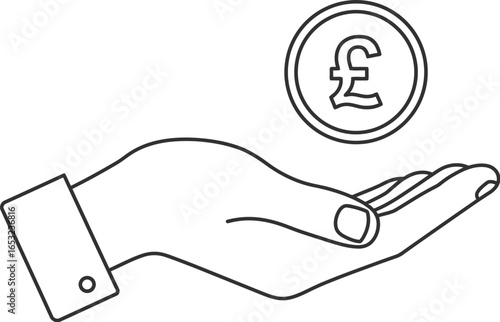 Hand Holding Pound Coin Outline Illustration on Transparent Background Line art illustration