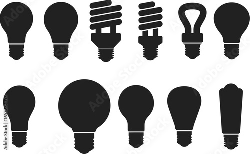 Black silhouette vector set of various light bulb shapes including classic, modern, and energy-efficient designs for icons, infographics, and web elements.