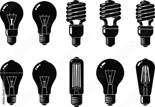 Black and white vector illustration featuring various modern and vintage light bulbs including incandescent, CFL, LED, and decorative filament styles on white background.