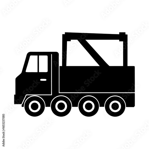 Flat black and white silhouette of a heavy-duty tow truck or crane lorry. A versatile graphic design component for a collection of industrial transport and vehicle icons