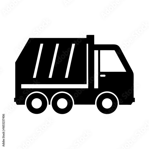A bold black and white minimalist graphic illustration representing a garbage truck, highlighting its design and functionality. Ideal for waste management and environmental services