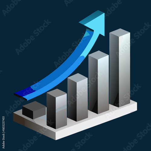 3d isometric bar chart with upward trending blue arrow symbolizing growth and success