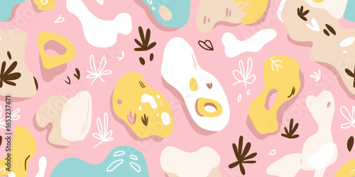 Abstract pastel shapes yellow white beige and blue elements on pink background playful doodle leaves whimsical modern seamless pattern cheerful decorative design