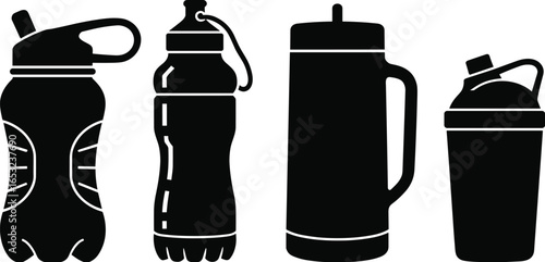 Silhouettes of Reusable Sports Water Bottles, Insulated Thermos, and Shaker Bottle with Handle and Spout – Vector Black Drinkware Icons
