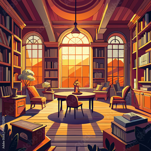 Cozy library interior bathed in warm sunset light with arched windows and bookshelves