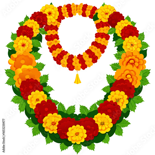 Traditional indian flower garland with red yellow and orange marigolds and green leaves