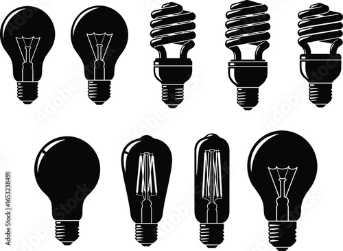 Vector illustration of various types of light bulbs including incandescent, CFL, and vintage Edison bulbs in black silhouette style isolated on white background.