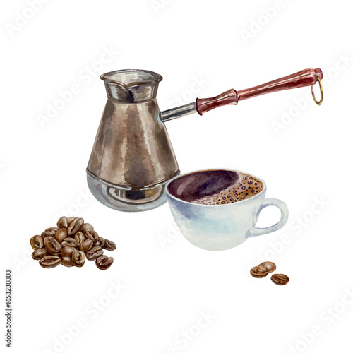 Cup of coffee, Turk for making the drink and roasted coffee beans. Hand drawn watercolor isolated. Vector clip art for cafe menu and banner design.