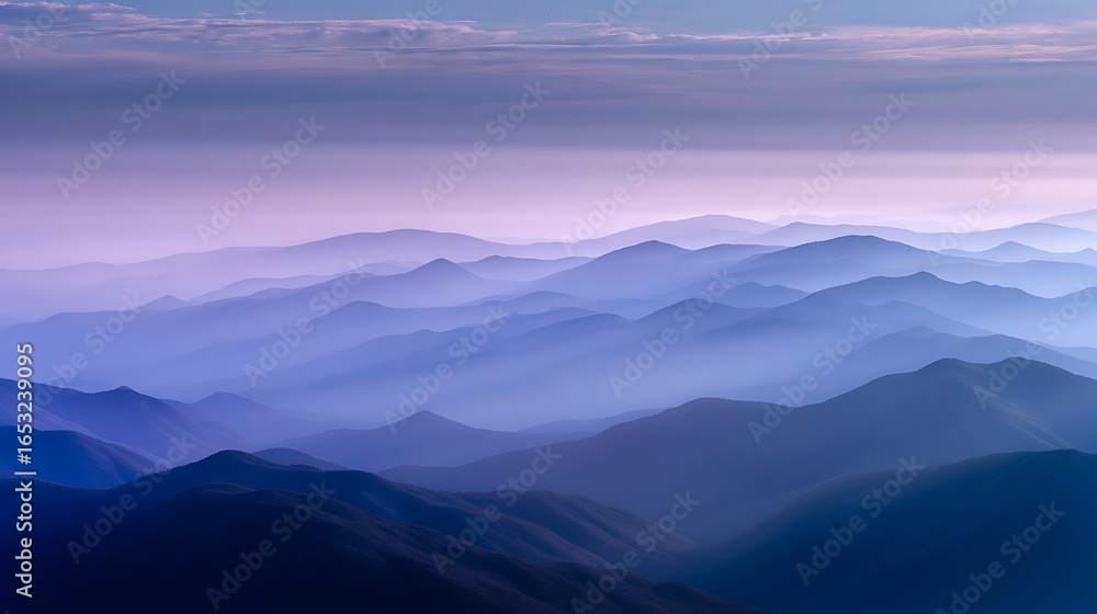 Fototapeta premium Layered mountain peaks fading into atmospheric haze with soft purple sky mountains landscape