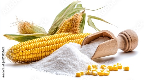Corn and Starch Still Life: Golden Ears, Wooden Scoop, and Isolated Kernels on White