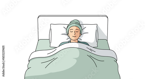 Serene woman peacefully sleeping in her bed, enveloped in comfort and tranquility, suitable for health, wellness, or relaxation themed projects.