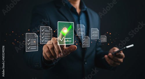A person is using a digital interface to approve documents, representing compliance, regulation, and quality control in a business or organizational setting