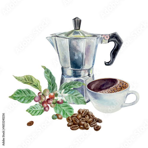 Cup of coffee, geyser coffee maker, roasted beans and plant with green leaves. Hand drawn watercolor isolated. Vector clip art for label, menu and banner design.