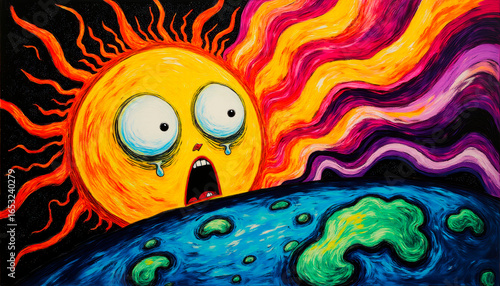 Excited sun looking at earth shocked, very surprised and worried