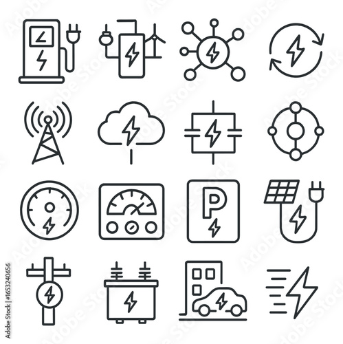 Electric vehicle icons set featuring charging, cloud, and solar power symbols
