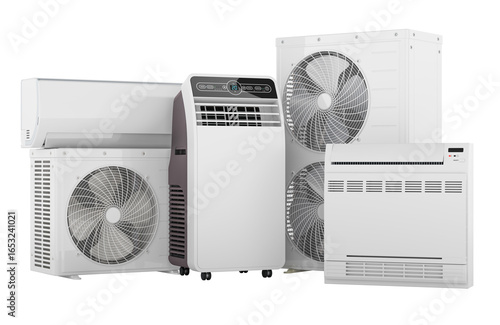 Different types of air conditioners. Wall mounted split unit, portable floor standing cooler, outdoor condenser and indoor floor model, 3D rendering