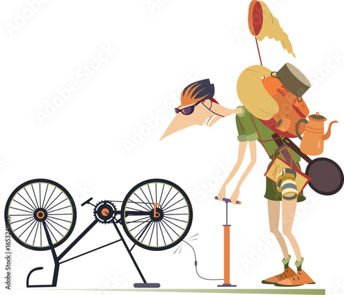 Cycling traveler. Broken bicycle.
Cycling traveler inflates the wheel on the bicycle. Cyclist repairs the bicycle. Isolated on white background
