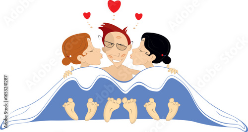 All you need is love. Love rendezvous in the bed. 
Two women kiss confused and happy man. Three happy people make love under a blanket. Heart symbols.
