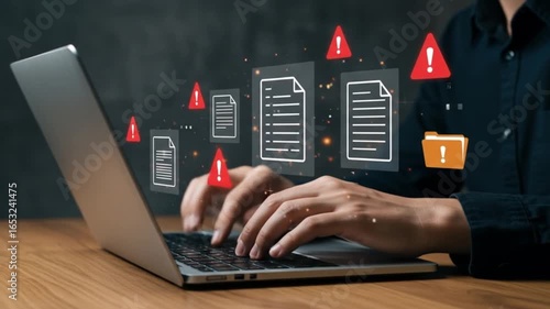 Person typing on a laptop with document icons and warning signs floating above the keyboard on wood table
