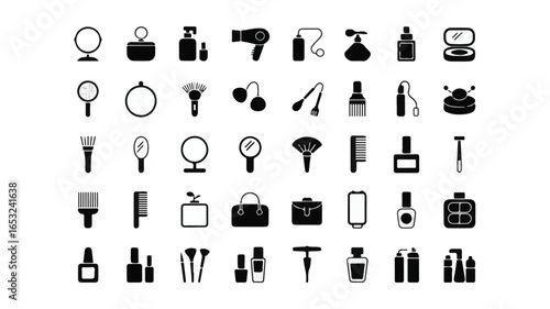 Black and white icons of beauty and personal care items makeup hair dryer