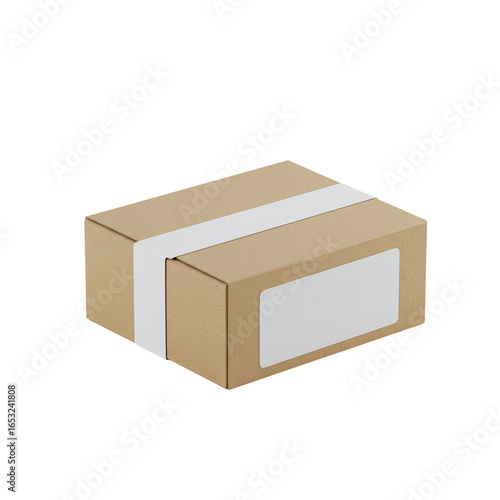 Brown cardboard shipping box with white label isolated on transparent background