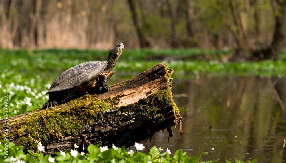 Fototapeta premium Turtle on log in a marsh