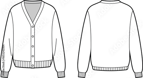 PrintCardigan sweater vector illustration, front and back views, V-neck button closure, ribbed cuffs and hem, fashion garment design template outline