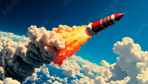 A missile with a nuclear warhead flies above the Earth, invincible force and danger
