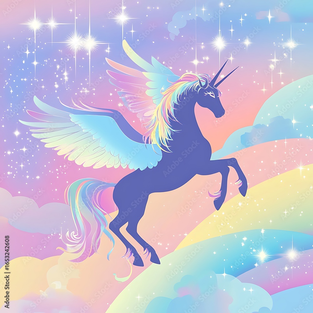 Fototapeta premium Majestic pegasus unicorn soaring through a dreamy pastel sky image