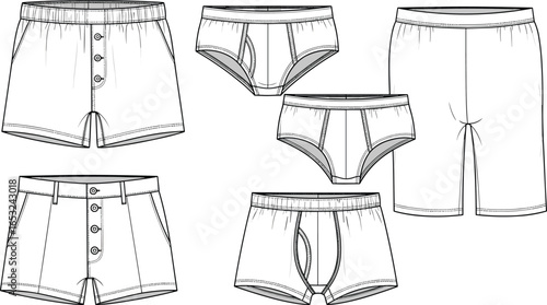 PrintMen’s underwear vector set, boxer briefs and shorts template, technical fashion illustration, flat sketch design, clothing apparel drawing, garment CAD outline