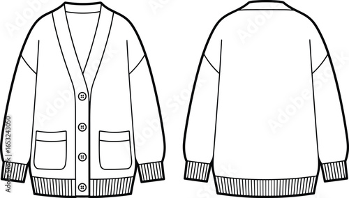 PrintOversized cardigan technical flat sketch, front and back view, button-down knit sweater vector illustration, fashion CAD template, clothing design outline