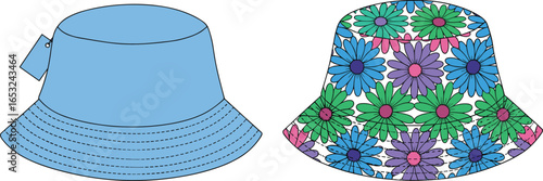 PrintReversible bucket hat vector illustration, floral pattern hat, solid blue hat design, trendy summer fashion accessory, stylish headwear for outdoor wear