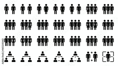 Diverse human figures and organizational charts in black and white people icons