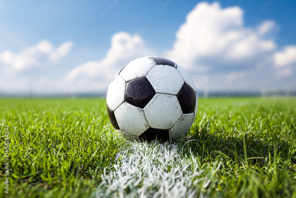 Fototapeta premium Classic black-and-white soccer ball on a vibrant green field under a bright blue sky