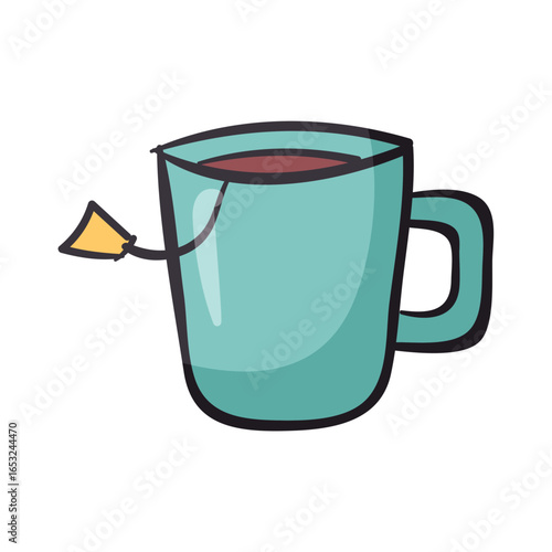 Brewing Tranquility: An inviting illustration of a teal mug cradling a warm beverage, complete with a delicate teabag, inviting a moment of peace and calm.